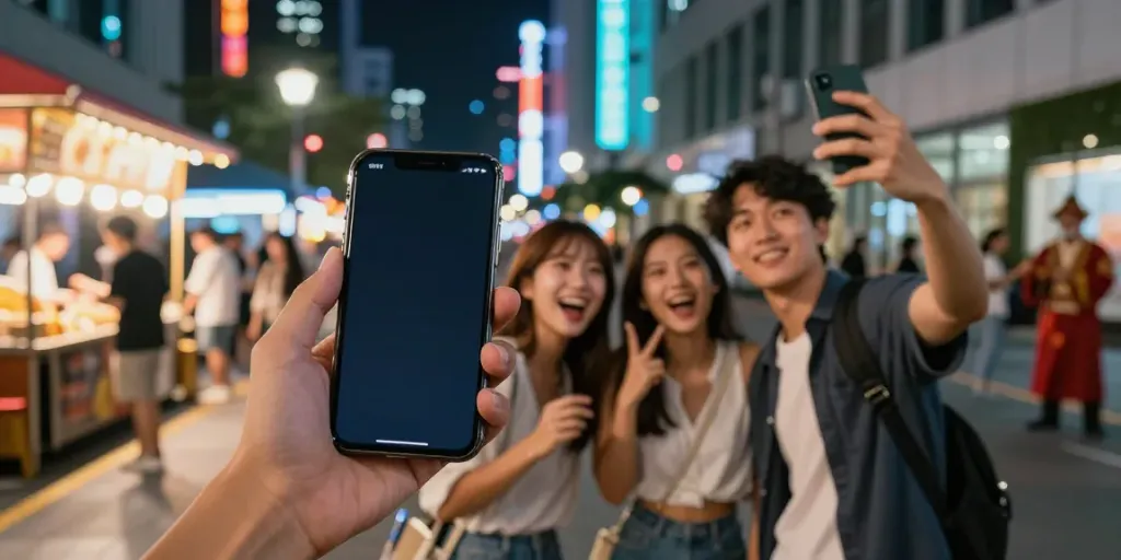 Suasana malam di kota dengan teman-teman menikmati pengalaman bukumimpi138 di smartphone.