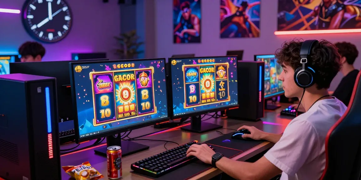 Engaged gamer playing slot gacor games in modern setup with dual monitors, colorful animations, and snacks.