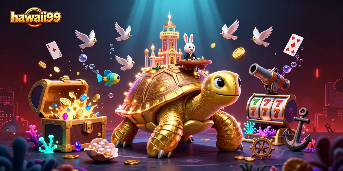 Experience the excitement of hawaii99 online slots with a vibrant 3D illustration of a casino adventure.