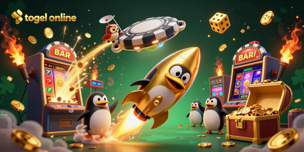 Togel online menarik dengan penguin emas dan mesin slot, menampilkan momen menang yang memukau.