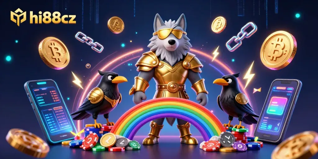 Engage with hi88cz's casino world featuring vibrant 3D characters and elements of blockchain gaming.