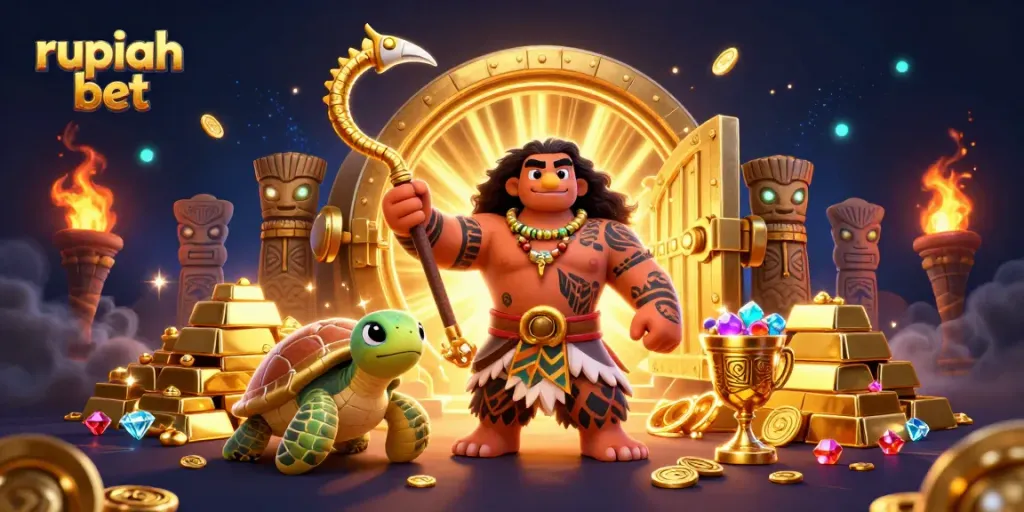 Engage with rupiah bet through a vibrant 3D casino scene featuring exciting game elements and mythical characters.