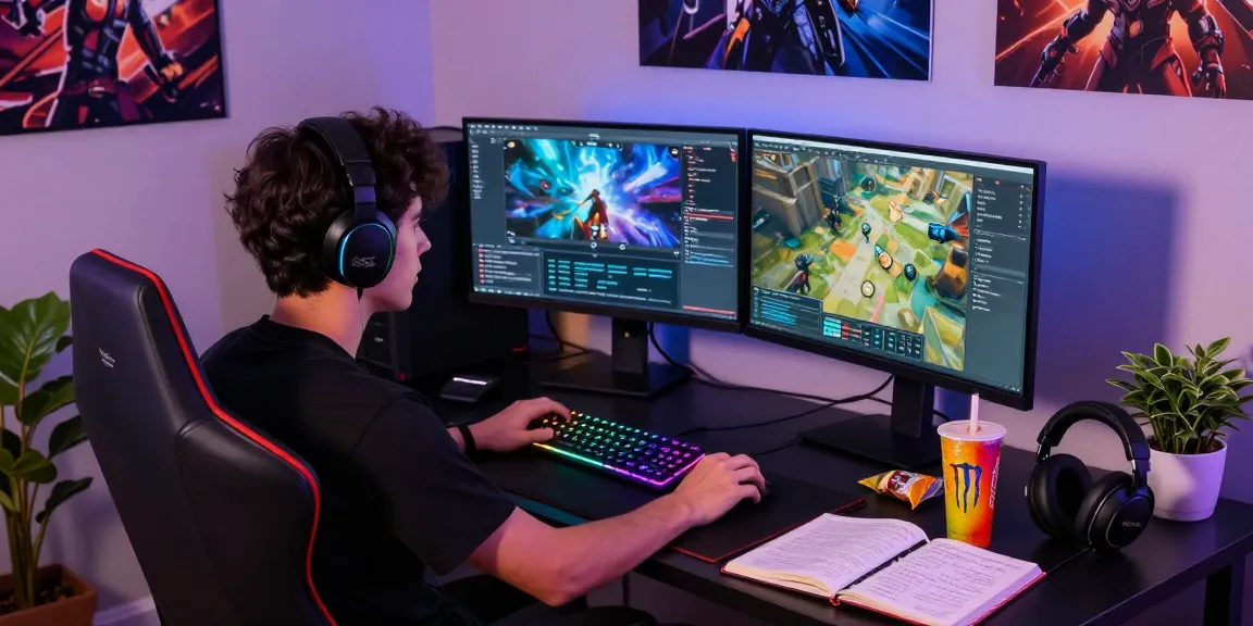 Pengaturan ruang permainan dengan gamer fokus di ligagalaxy, tampilan dual monitor dan pencahayaan RGB.