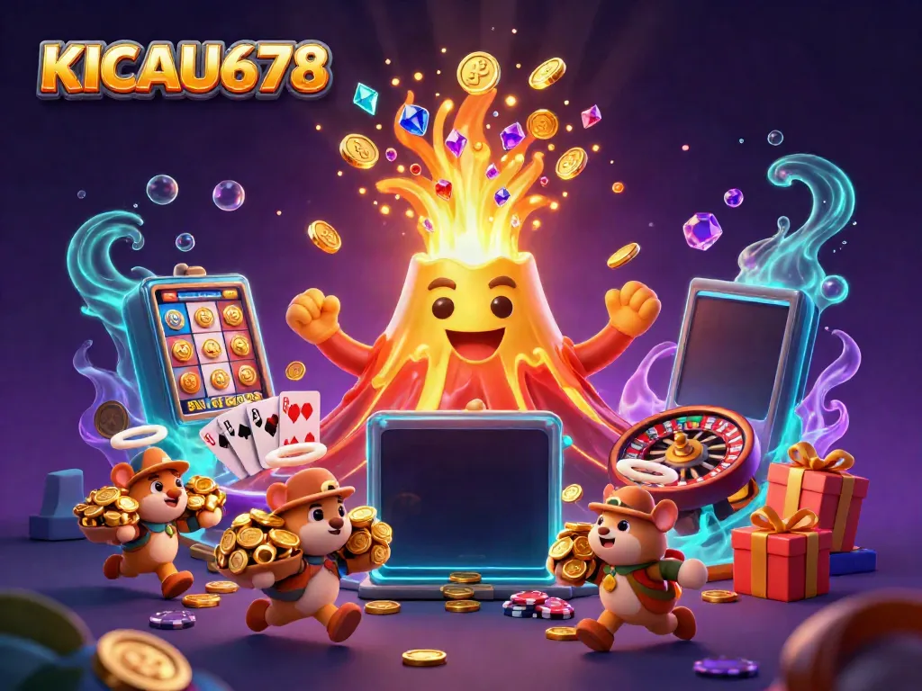 KICAU678 showcases vibrant online gaming with a golden volcano erupting treasure amidst a colorful casino setup.