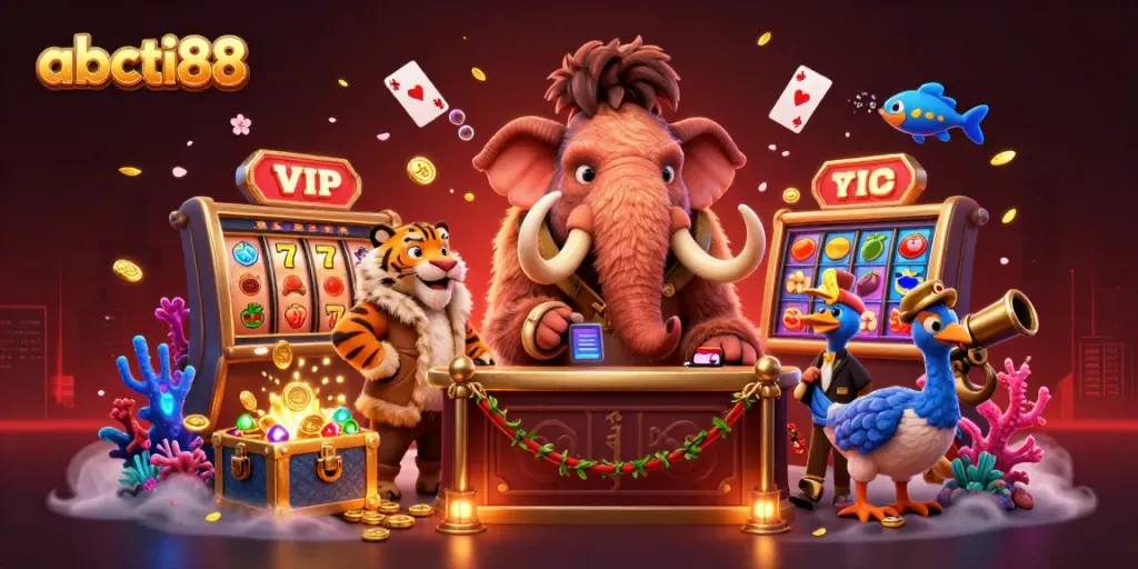 Experience vibrant gaming at abcti88 with a woolly mammoth bouncer and slot elements in a lively casino scene.