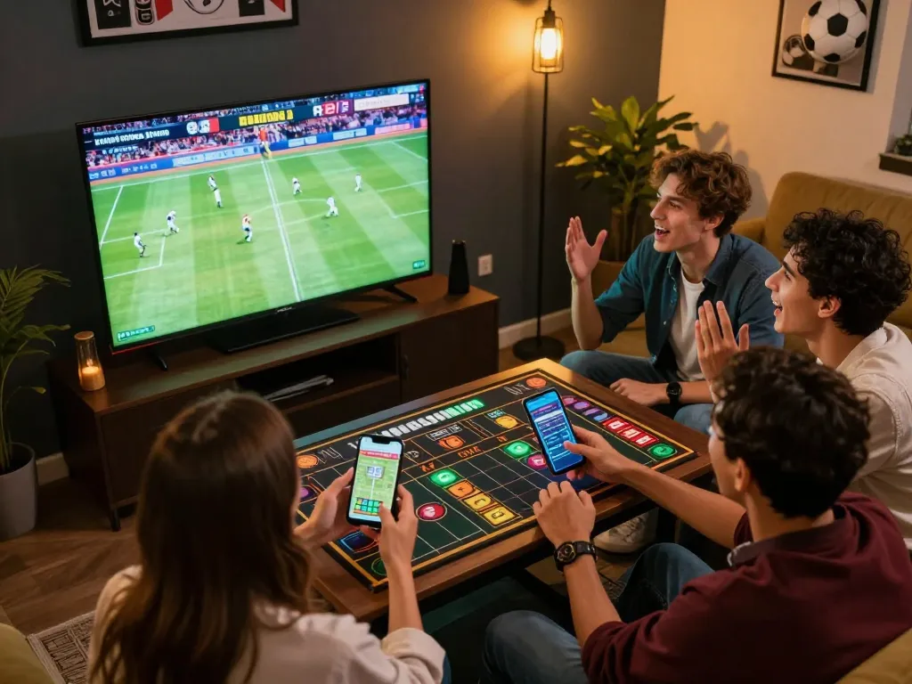 xem bóng đá Socolive in engaging atmosphere with friends watching football and placing bets on smartphones.