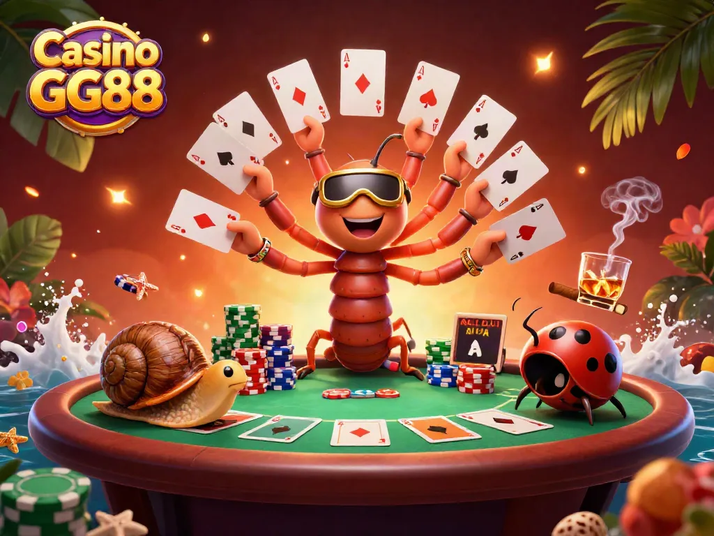 Experience the thrill of Casino GG88 with a lively 3D casino scene featuring a millipede dealer and high-roller snail.