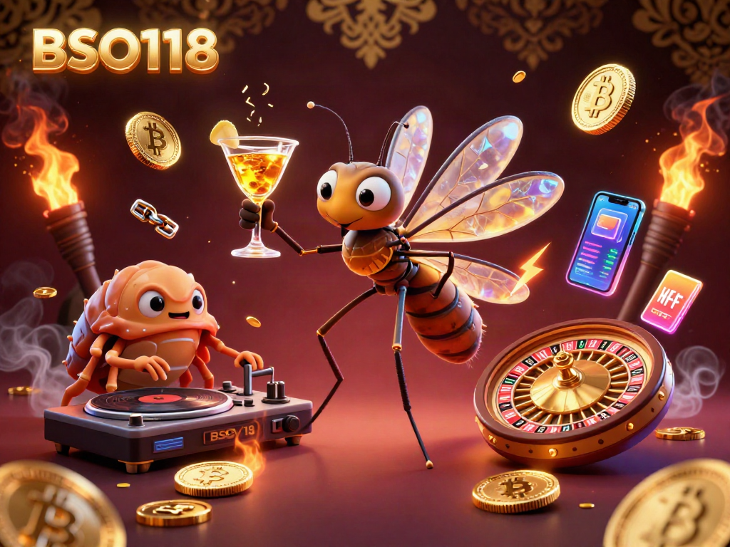 Experience the thrill of BSO118 casino with a vibrant scene showcasing unique gaming characters and neon crypto elements.