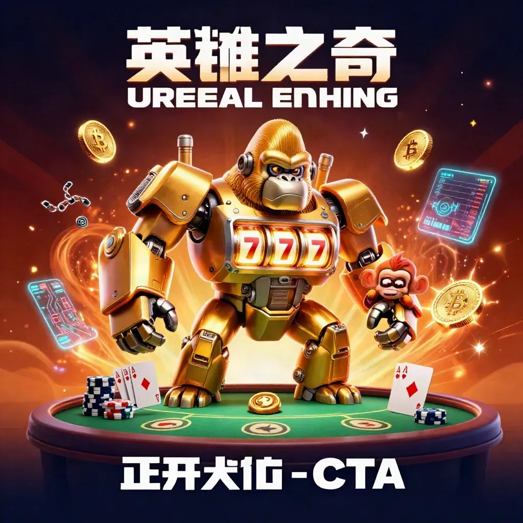 Gorila mech emas dengan pilot monyet, koin kripto neon, meja poker, dan efek ledakan cahaya.