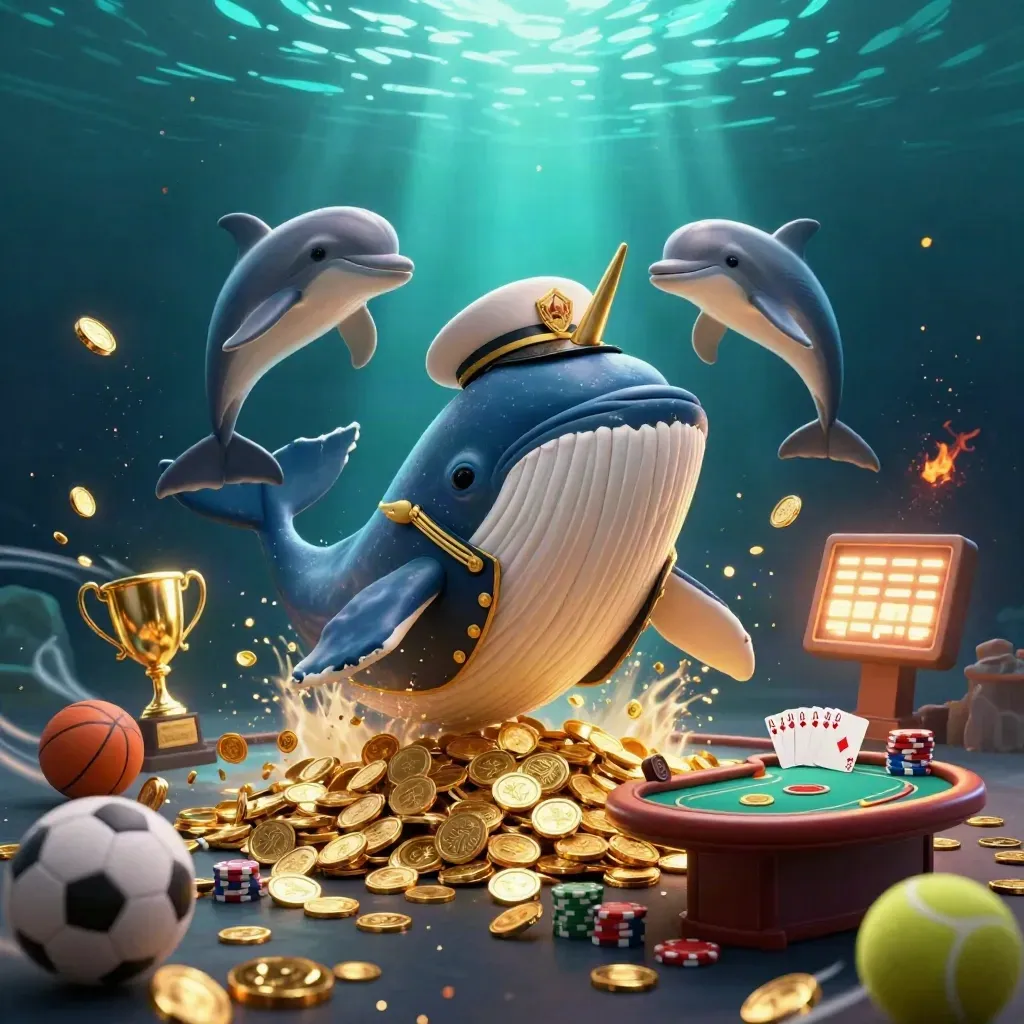 Paus kapten, narwhal, lumba-lumba, koin emas, dan elemen poker di lautan gelap neon.