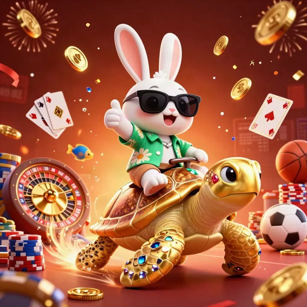 Kelinci hoki berkacamata naik kura-kura emas dikelilingi koin, kartu poker, dan efek cahaya mewah.