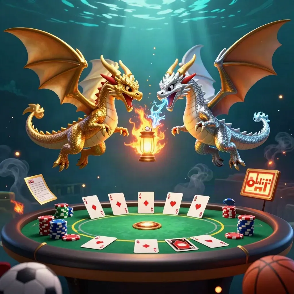Dua naga emas dan perak terbang dikelilingi chip poker, kartu as, bola, dan cahaya dramatis.