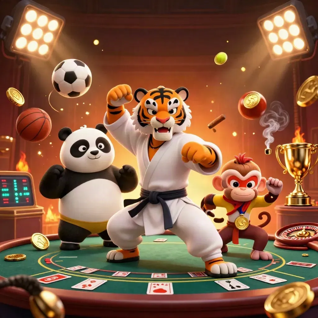 Harimau kung-fu, panda, dan monyet di meja kasino mewah dengan bola, trofi, roda roulette, dan cahaya emas.