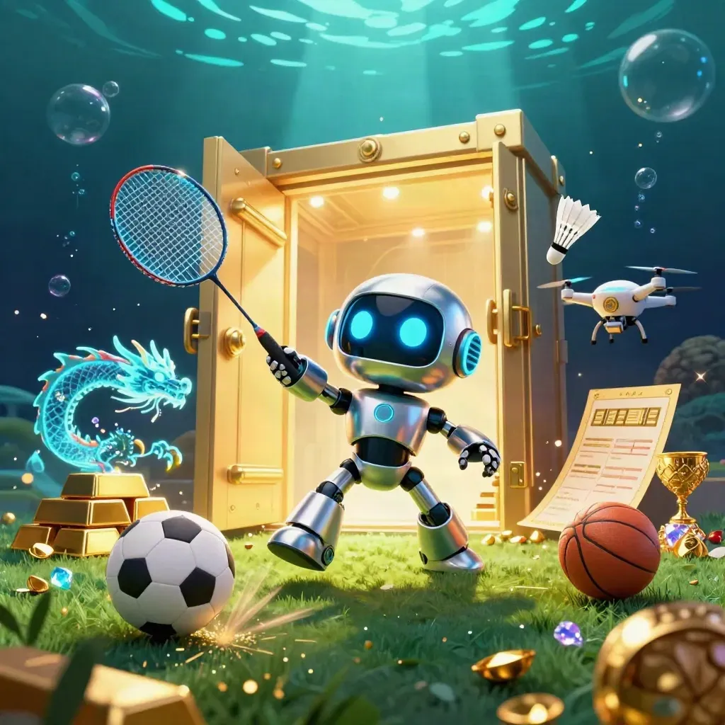 Robot cyberpunk, naga hologram, drone, shuttlecock, bola, dan harta meledak di bawah cahaya laut