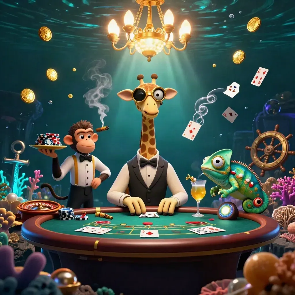 Tiga karakter kartun mewah di meja poker bawah laut, dengan harta, cahaya neon, dan nuansa kasino premium.