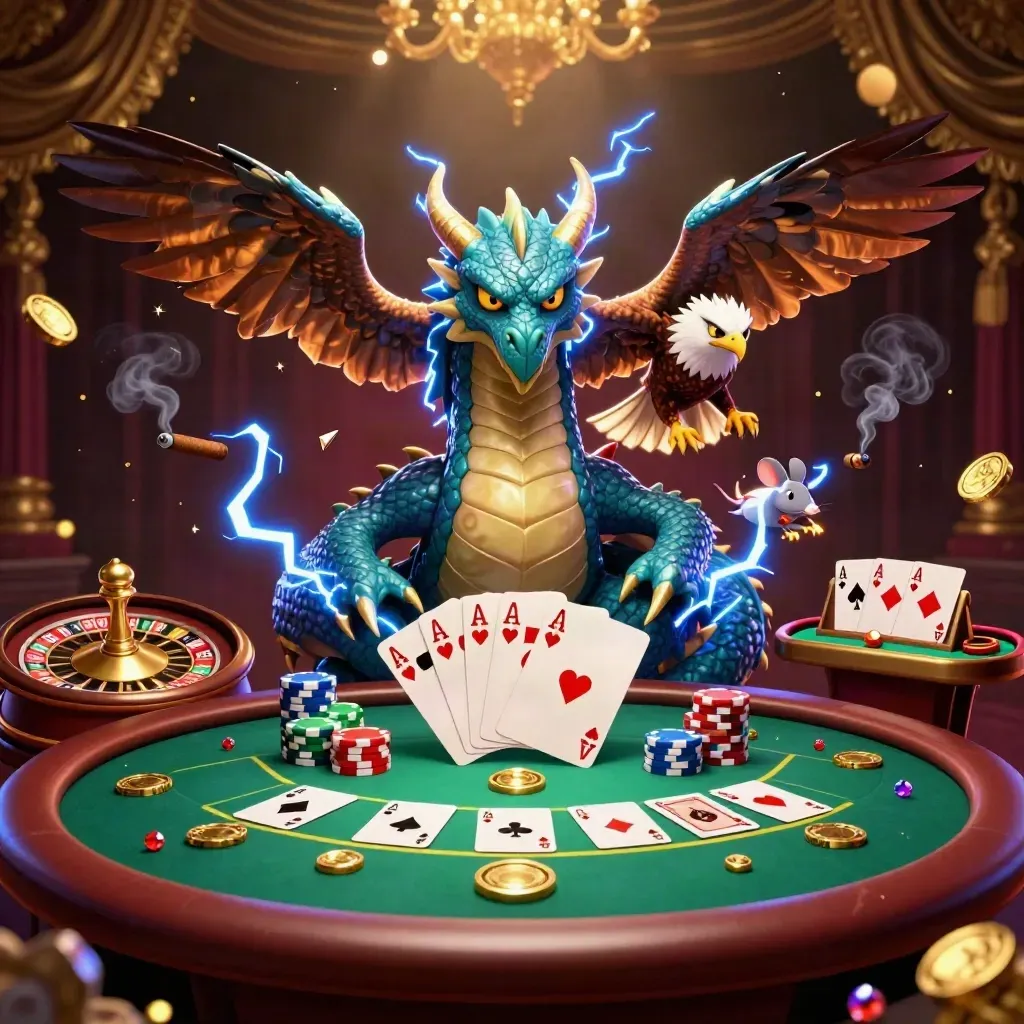 Naga petir, elang badai, dan tikus kilat di meja poker mewah beraksen emas.