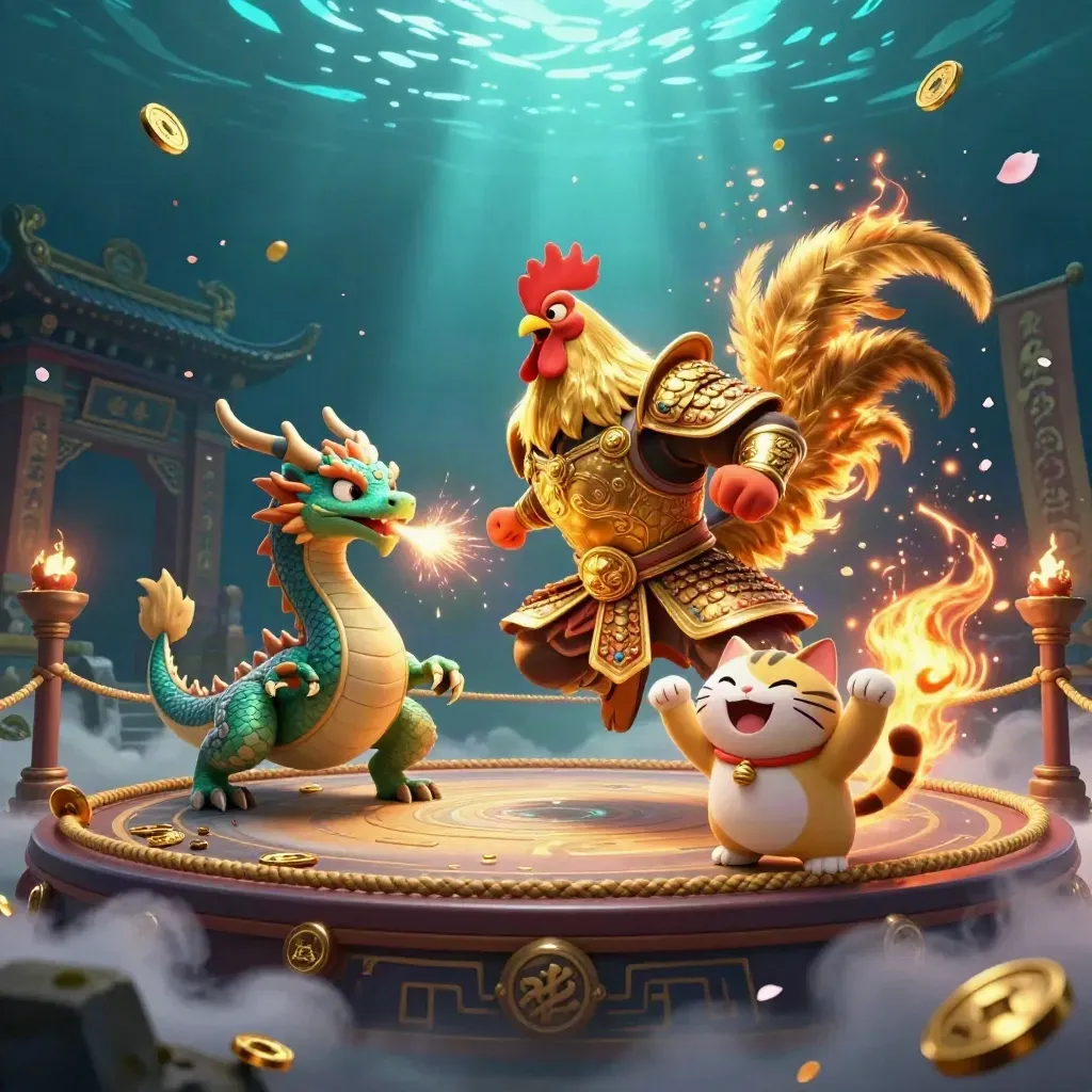 Ayam samurai, naga bayi, dan kucing hoki di arena emas dengan api dan gerbang kuil.