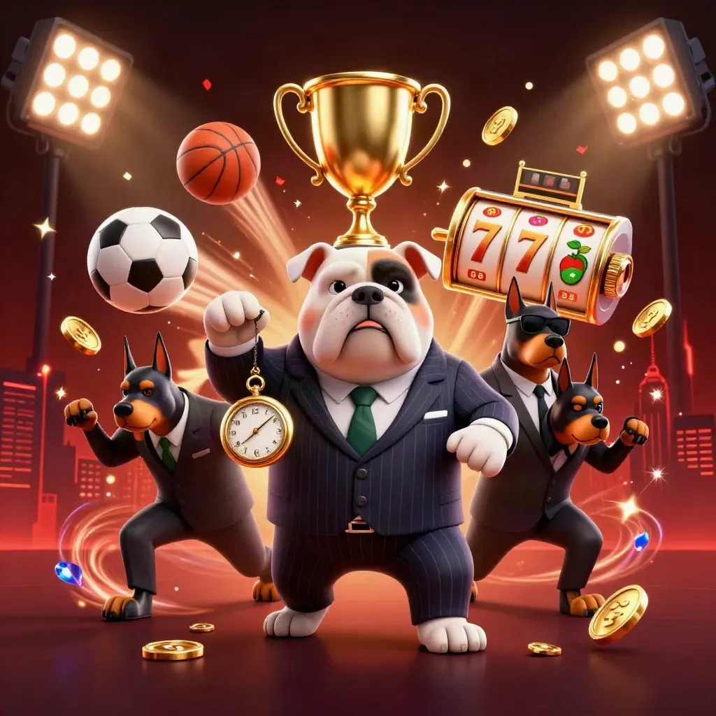 Bulldog mafia dan dua Doberman, koin, bola olahraga, dan efek kasino meledak dramatis.