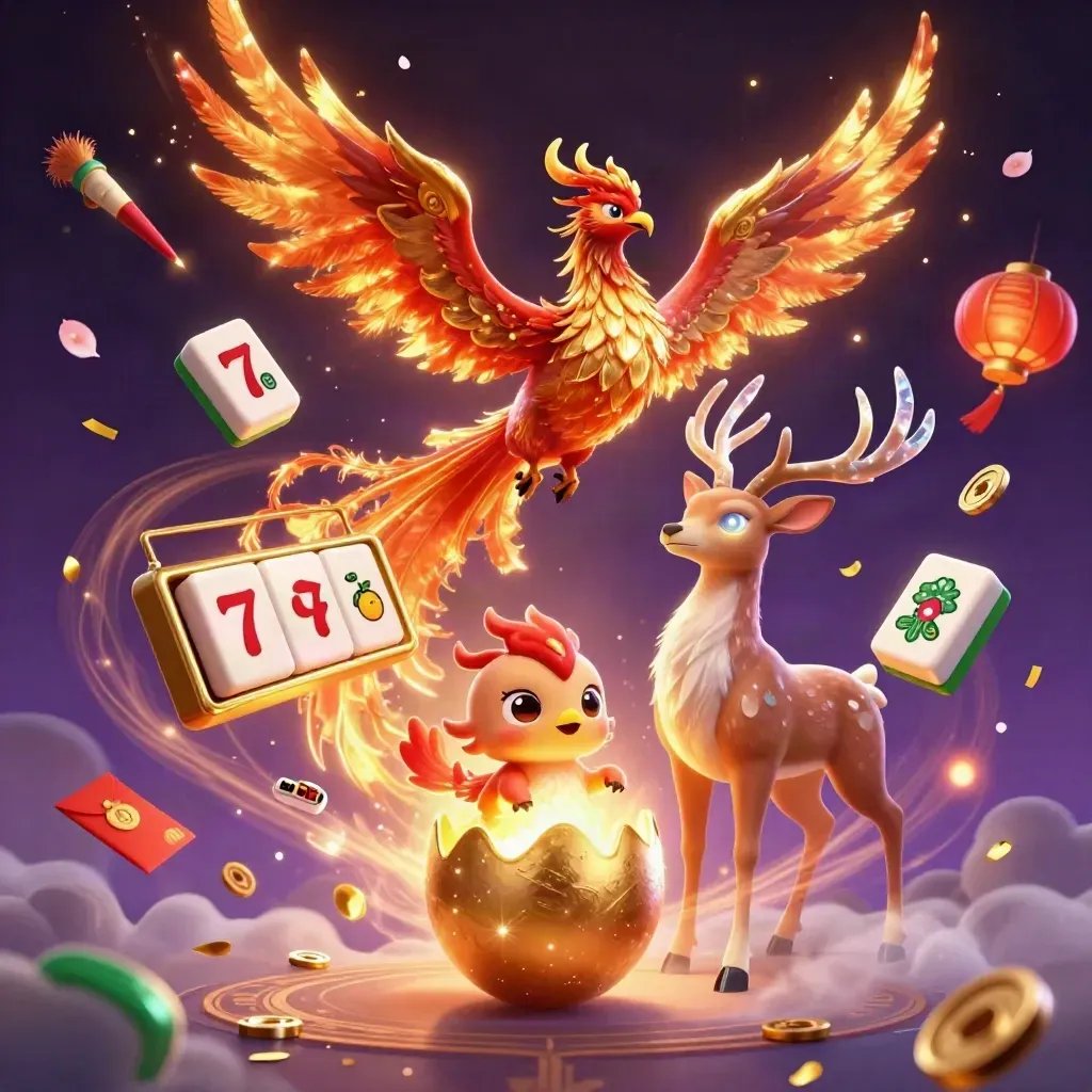 Phoenix, anak phoenix, dan rusa mistis di antara tile mahjong, lentera, koin, dan kilau emas.