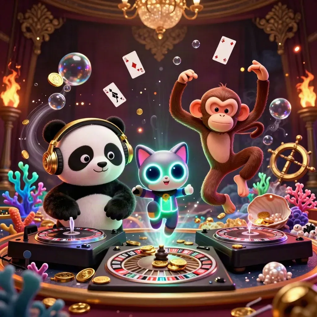 Panda DJ, monyet breakdance, dan anak kucing neon di teluk harta laut mewah.