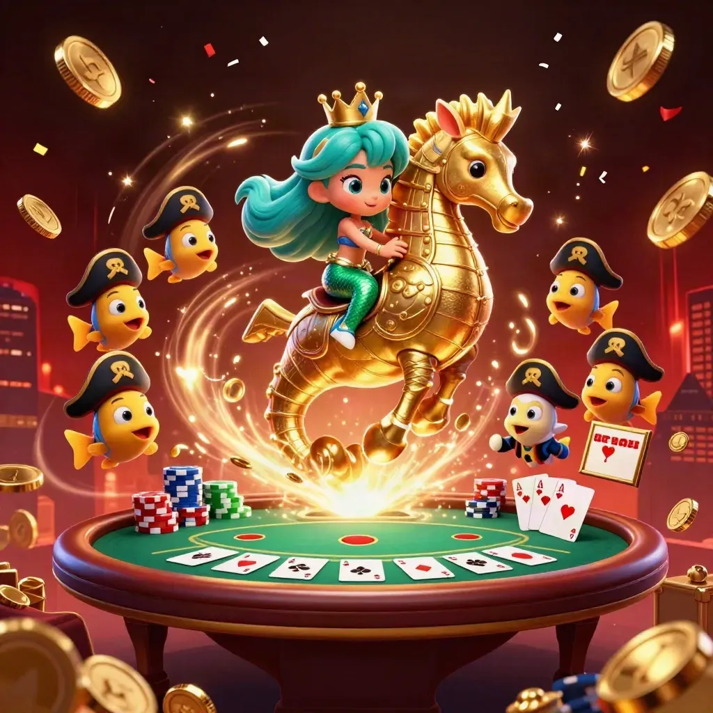 Putri duyung kartun menunggang kuda laut emas, dikelilingi ikan bajak laut, kartu poker, chip, dan emas meledak.