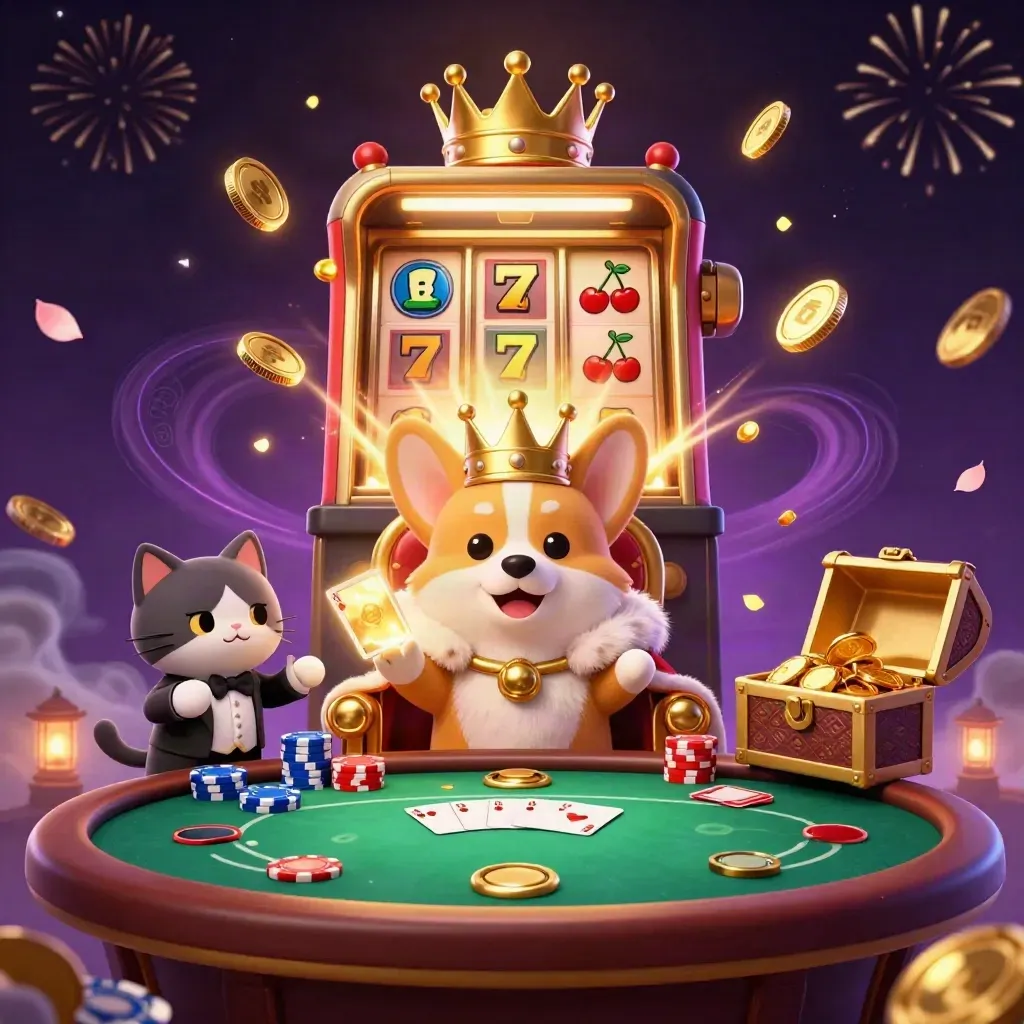 Korgi raja dan pelayan kucing dikelilingi koin emas, mesin slot, dan kartu poker meledak meriah.