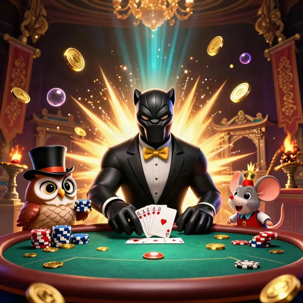 Harimau hitam, burung hantu, dan tikus di meja poker dikelilingi koin emas meledak.