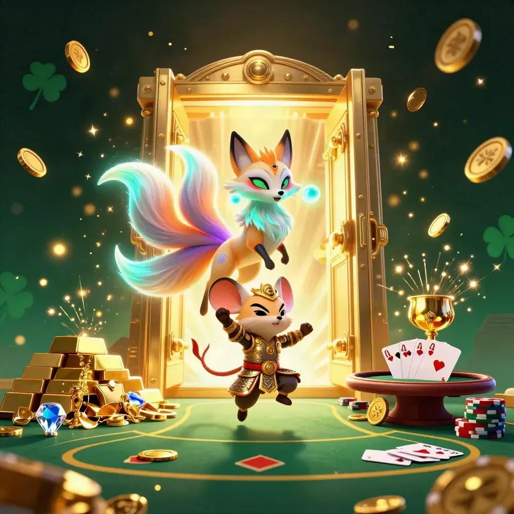 Rubah roh berkepala sembilan dan tikus samurai di depan brankas emas meledak, dengan chip poker dan cahaya mewah.
