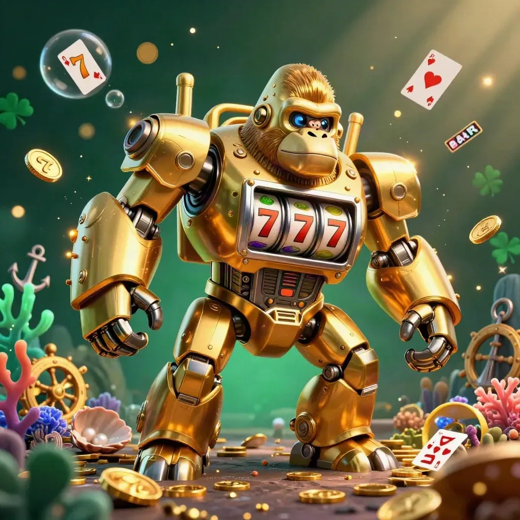 Monyet mech emas di bawah laut, dikelilingi koin, kartu, karang, dan kilau jackpot.