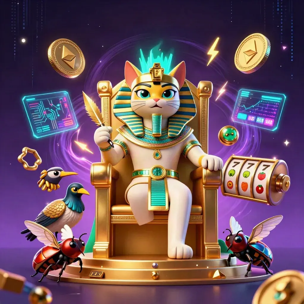 Kucing firaun kartun di takhta emas, ibis, scarab, dan koin kripto neon.