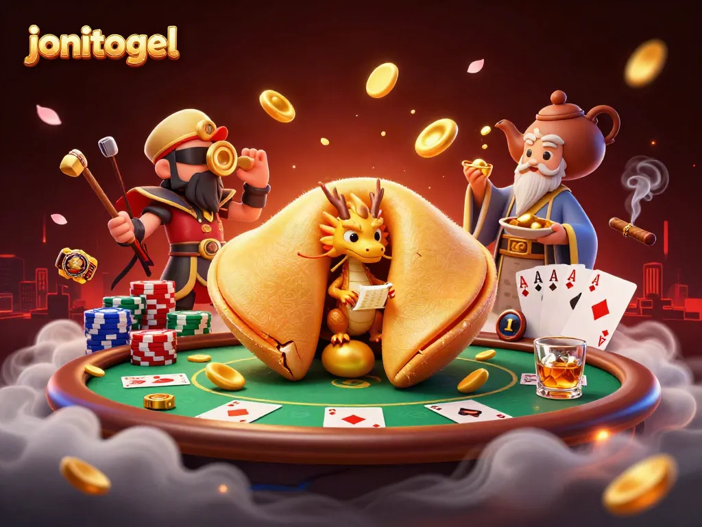Experience the thrill of jonitogel with this dynamic illustration showcasing fortune elements, poker, and excitement.