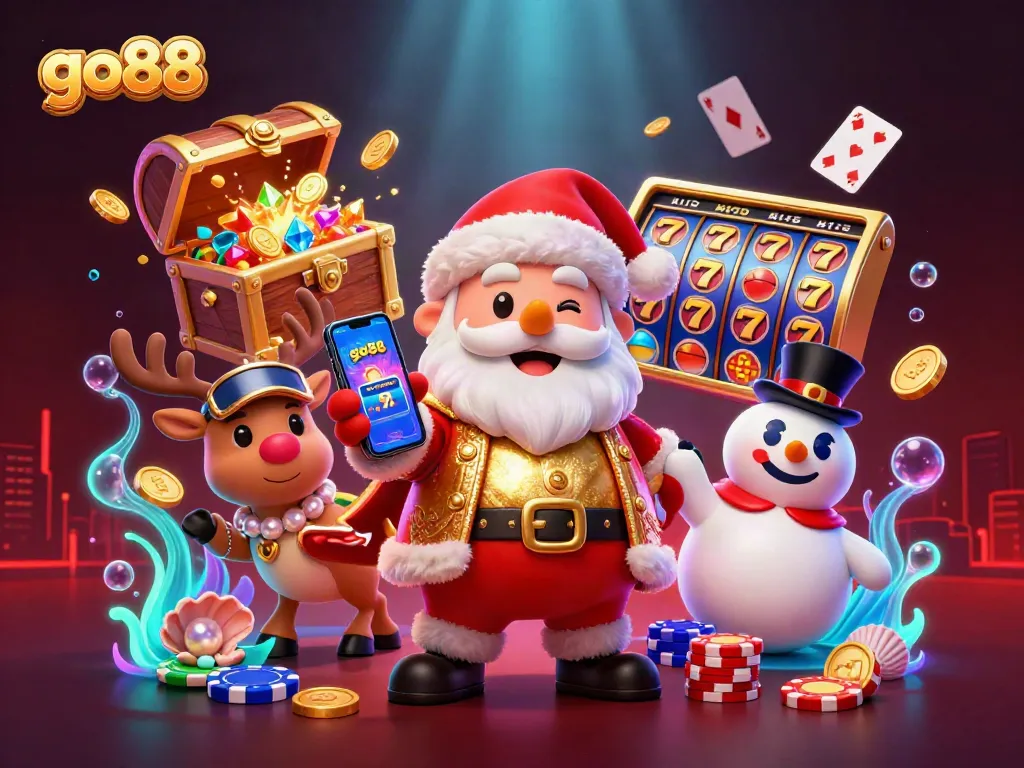 Experience excitement with go88 in this 3D illustration showing Santa playing jackpot slots.
