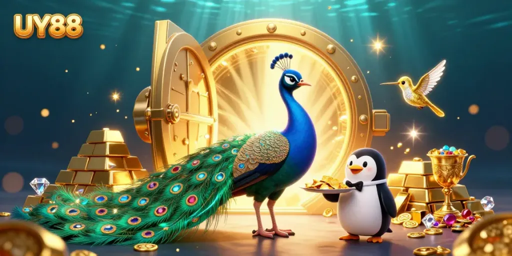 Experience the thrill of UY88 with a vibrant 3D scene showcasing dazzling characters and gold treasures.