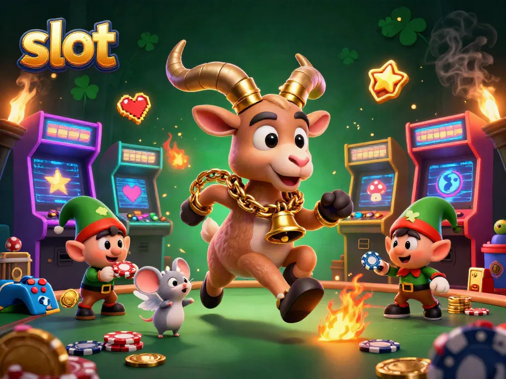 Engage with the thrilling slot gaming world featuring Krampus and angels amidst vibrant arcade machines.