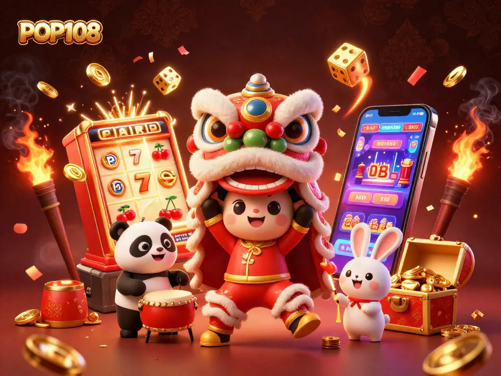 Engage with the vibrant scene of POP108 featuring lively characters amid a dynamic casino setting filled with treasures.
