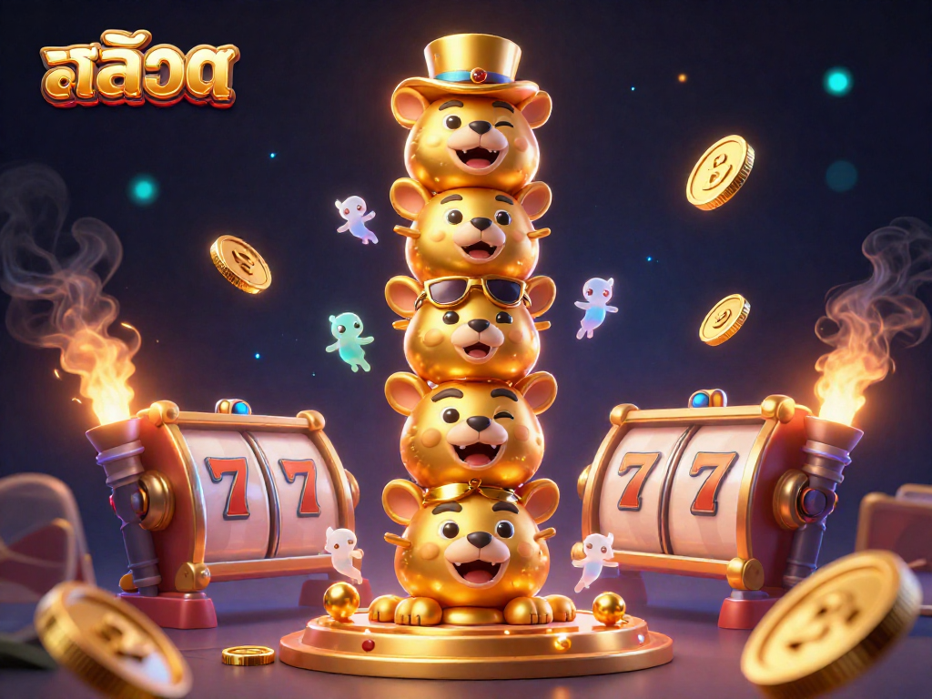 Engage with the vibrant สล็อต fantasy world, featuring golden totem, flying slot reels, and dynamic casino elements.