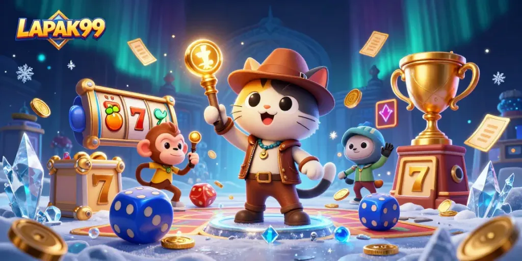 LAPAK99 celebrates digital gaming with a vibrant 3D illustration of an adventurous cat and monkey in a gaming temple.