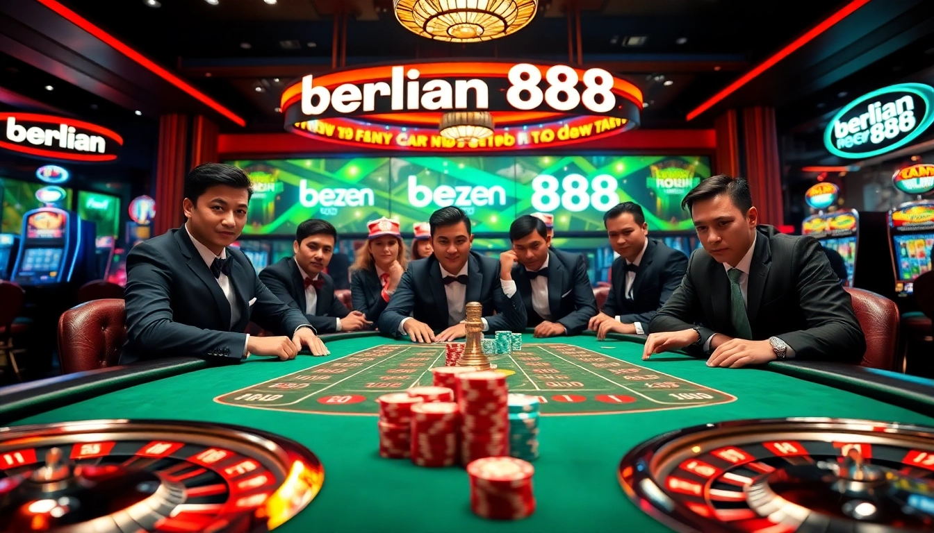 Berlian 888 casino scene with players at a poker table, vibrant ambiance, and roulette wheels.