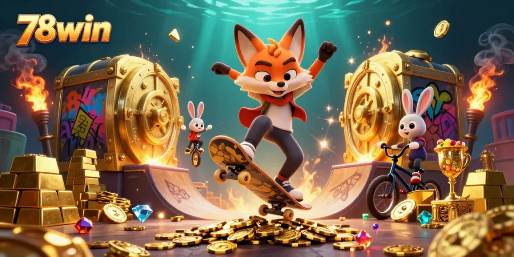 Experience the thrill of 78win with a vibrant scene featuring animated characters and casino symbols.
