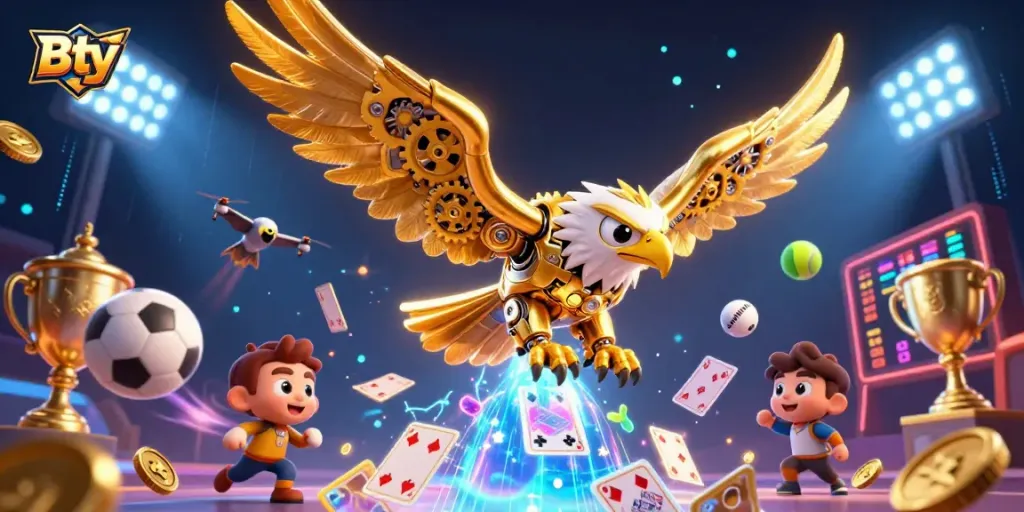 Engage in thrilling sports betting with Bty's vibrant 3D illustration showcasing dynamic gaming elements.