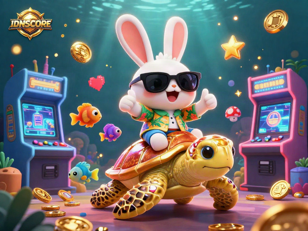 Engage with IDNSCORE’s vibrant casino adventure featuring a lucky rabbit and golden sea turtle.