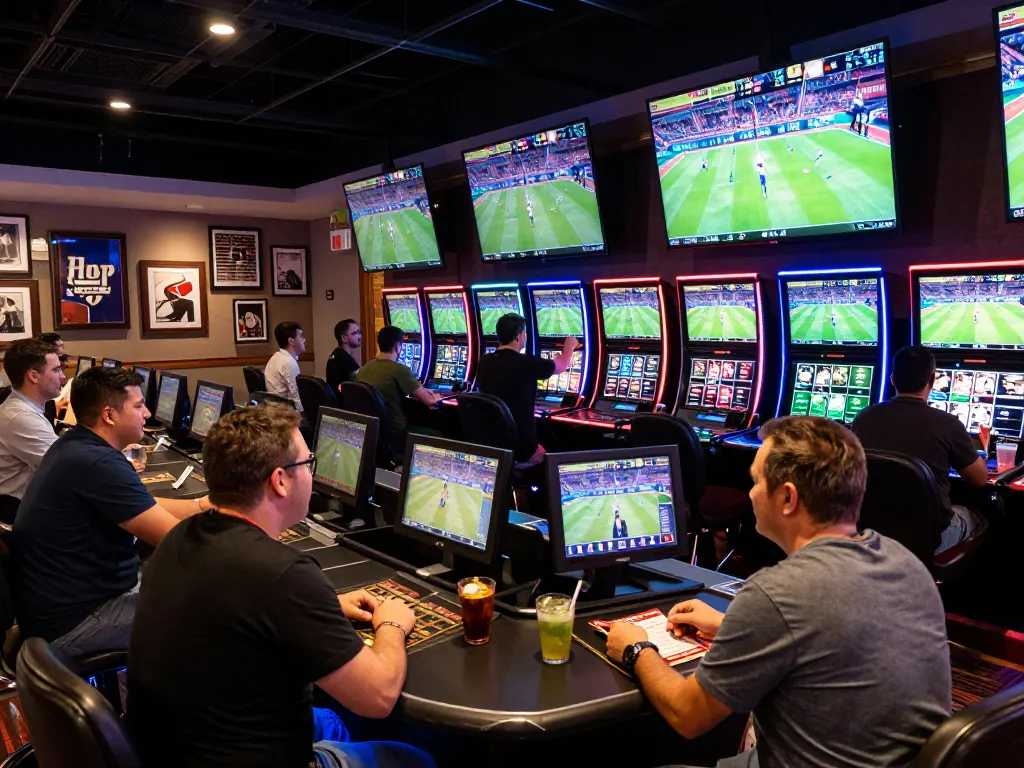 Engaged sports bettors enjoying 90Phut TV live betting at an upscale casino.