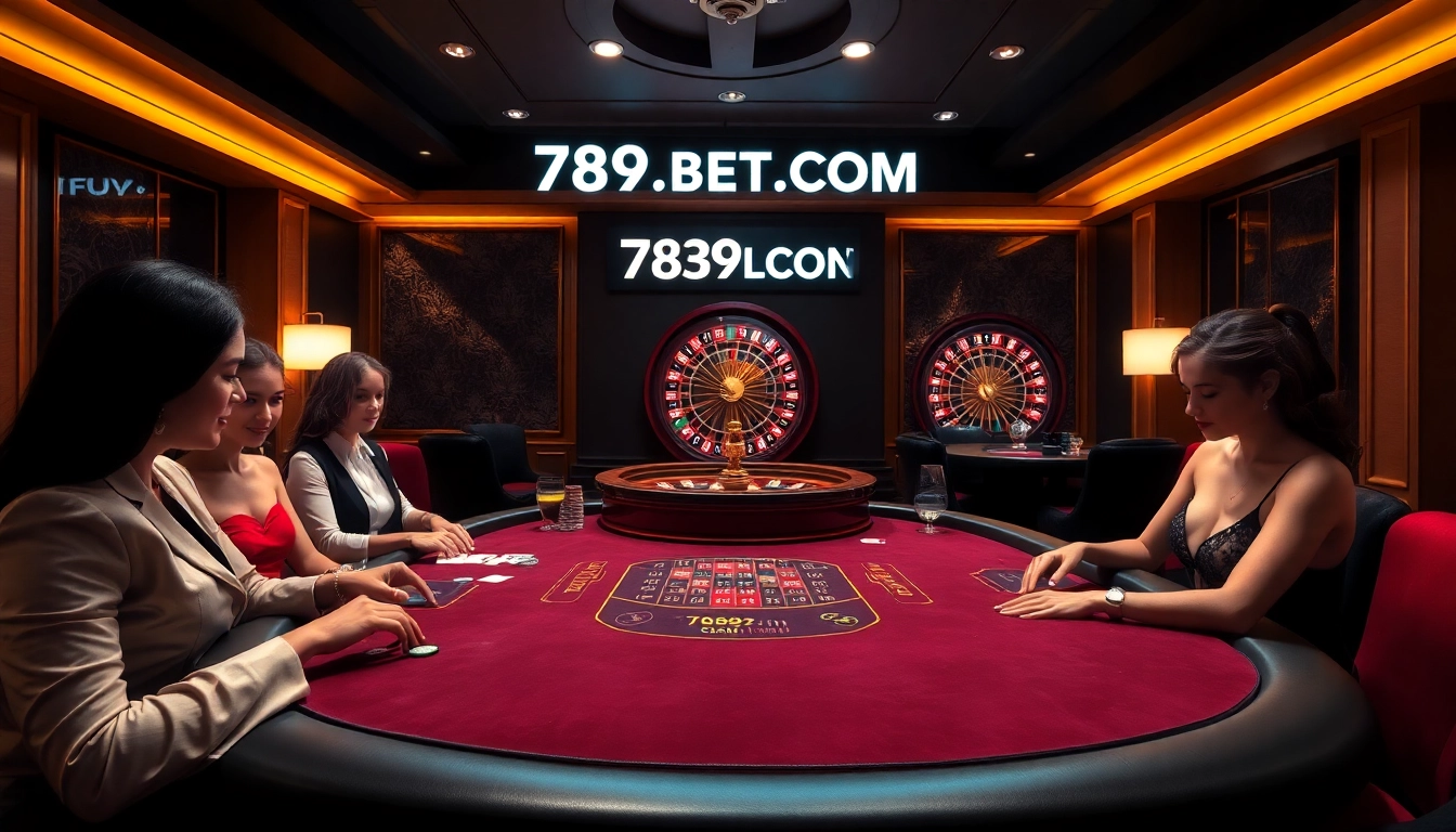 Engaged players at a poker table in a luxury casino atmosphere showcasing 789BET.COM branding.