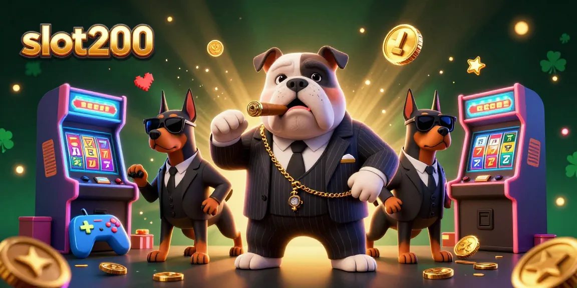 Slot200 menampilkan karakter mafia bulldog dalam balutan kostum pinstripe dengan hiasan slot dan simbol keberuntungan.