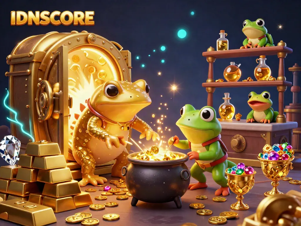 IDNSCORE showcases a magical 3D scene where a golden salamander alchemist transforms metals into coins, emphasizing gambling excitement.