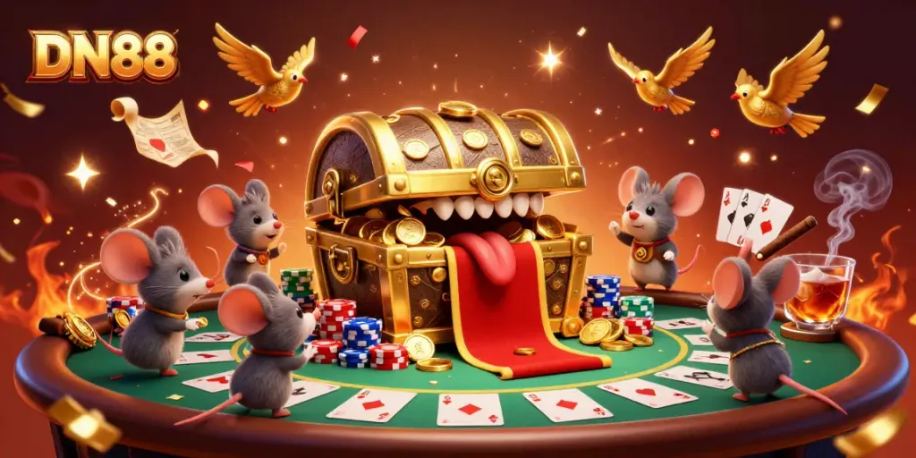 Engage with DN88's thrilling casino experience alongside treasure chest and poker elements.