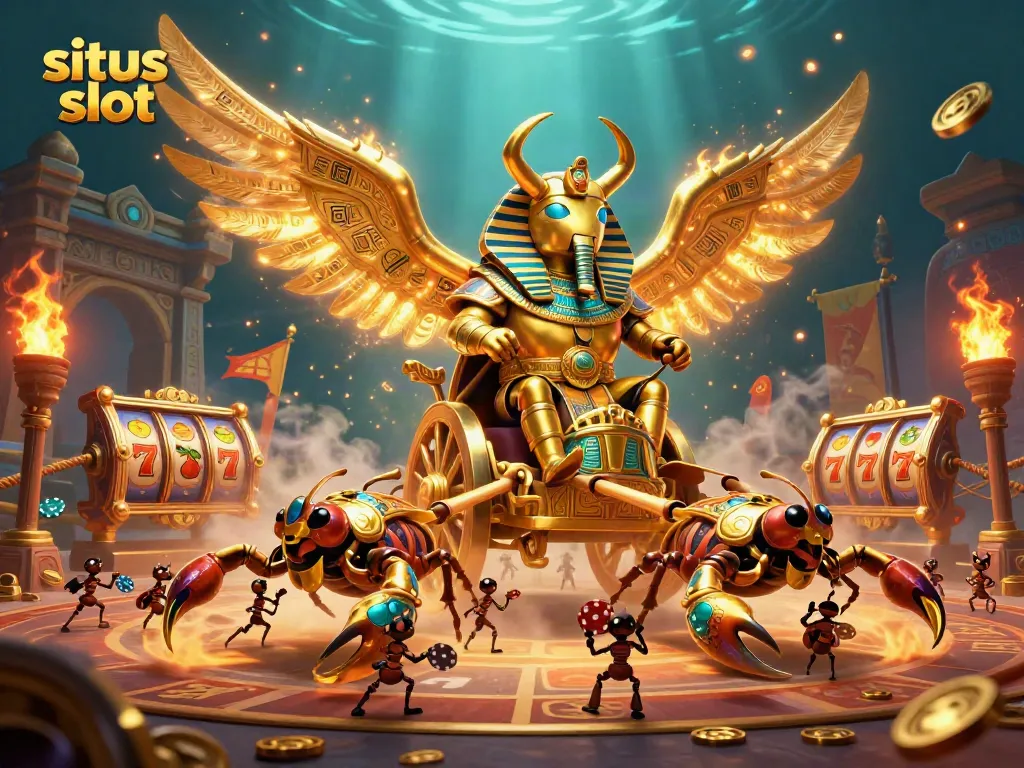 Permainan situs slot menampilkan scarab emas, kasino, dan simbol jackpot menarik.