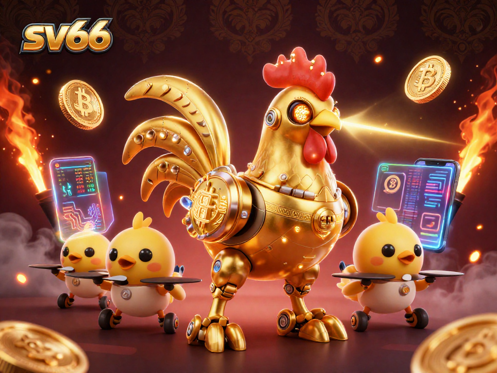 Experience thrilling gaming adventures with sv66, featuring a dynamic retro-futuristic casino scene filled with crypto elements.