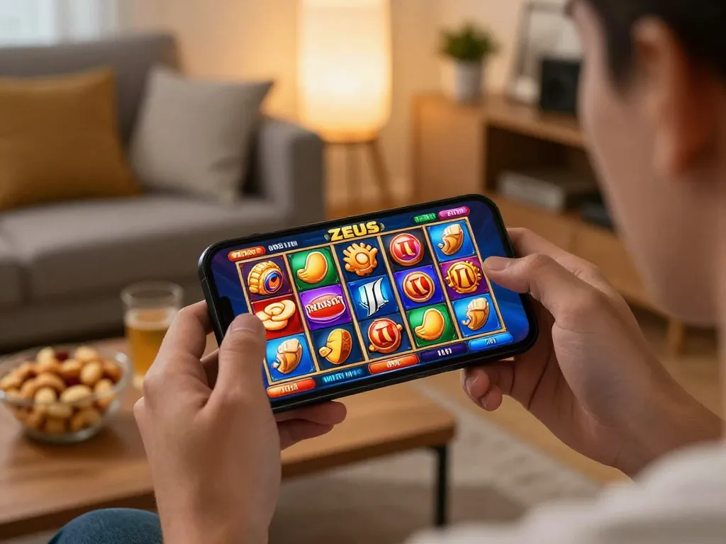 Engaging player spinning the zeus slot on a mobile device in a cozy home environment.