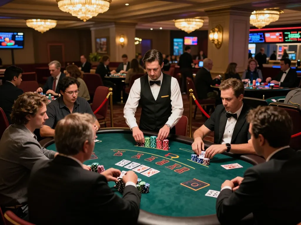 Players engaging in blackjack at 98win vin casino, showcasing a vibrant gaming atmosphere and strategic moments.
